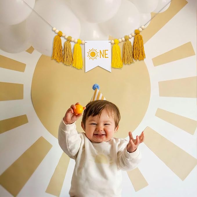 Gostman Sun One Tassel High Chair Banner - First Trip Around The Sun Birthday Party Decoration, Sun Sign First Birthday Party Supplies, Sunshine Highchair Banner