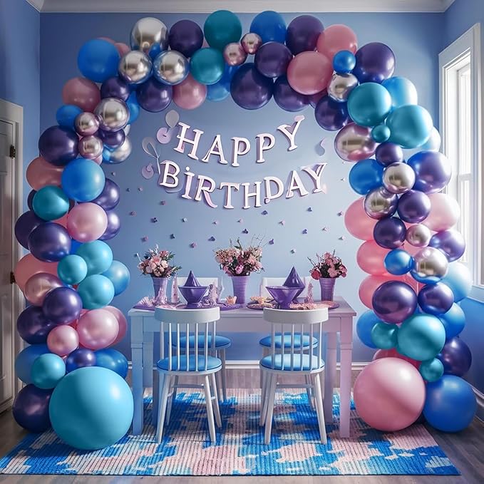 Blue Purple Balloon Arch Garland Kit, Purple Pink Blue Metallic Silver Balloons for Kids Birthday Hawaii Tropical Party Supplies Video Gaming Baby Shower Party Decorations