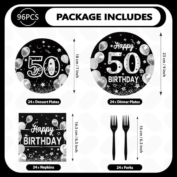 96Pcs Happy 50th Birthday Party Supplies Black and Silver 50th Plates and Napkins Tableware Sets Back in 1975 Birthday Party Decorations for Men Women Cheers to 50 Years Favors Decor Serves 24