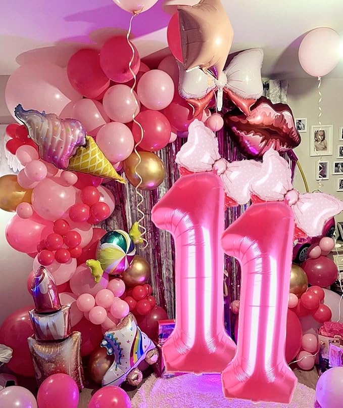 40 Inch Pink Number 11 Balloon with Mini Bow Balloon for Girls 11th Birthday Party Decoration, Pink Princess Western Cowgirl Theme Sweet Eleven Birthday Party Balloons Decorations Supplies Decor