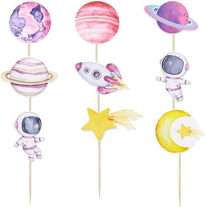 Ephlyn 36Pcs Space Astronaut Cupcake Toppers Space Girl Moon Star Rocket Planet Cupcake Toppers Earth Planet Cupcake Picks Space Theme Gender Reveal Birthday Shower Party Supplies Pink