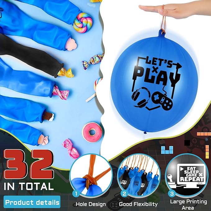 32 Pcs Video Game Punch Balloons Pixelated Punch Ball Pixel Video Game Balloons Latex Balls Toys for Birthday Party Favors Supplies, Goodie Bag Filler(Blue, Black)
