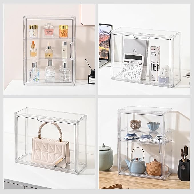 4 Pack 3 Tier Clear Display Case for Figures, Wall-Mounted Acrylic Storage Organizer Box, Stackable Display Cabinet with Magnetic Door & Removable Shelves, Showcase for Collectibles, Figures
