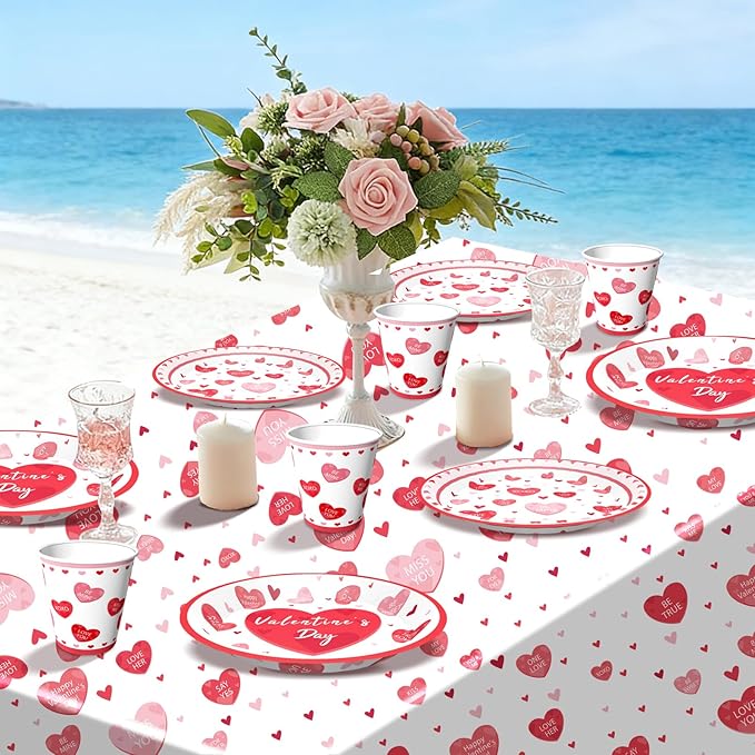 Valentine's Day Party Supplies Tableware Set Red Heart Love Paper Plates Napkins Cups Tablecloth Garlands Banner for Valentine's Day Party Decorations, Serves 24