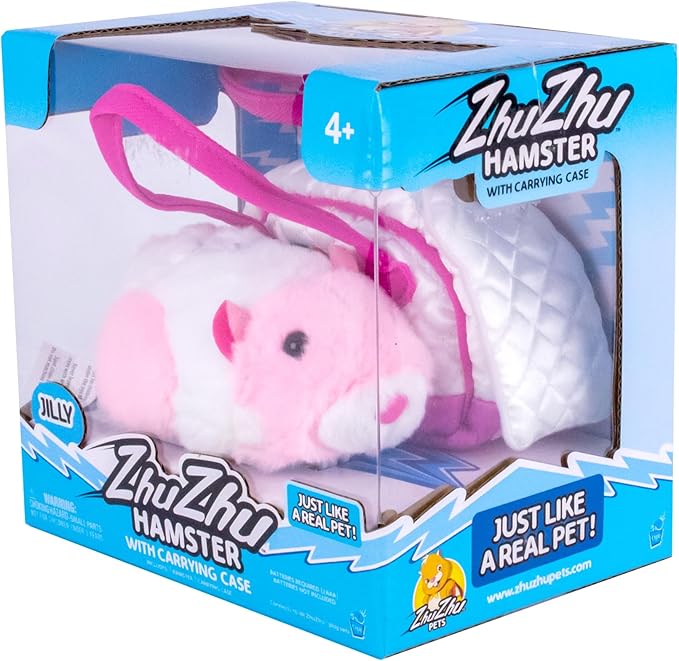 ZhuZhu City Hamster & Quilted Carrier – Jilly The Pink & White Interactive Hamster with 40+ Sounds & Movements – Take Your ZhuZhu Adventures Anywhere!