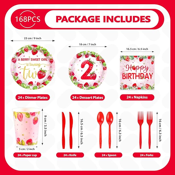 168Pcs Strawberry 2nd Birthday Party Decorations A Berry Sweet Girl is Turning Two Plates Napkins Cups Forks Knives Spoons Disposable Paper Tableware for Birthday Baby Shower Party Supplies Serves 24