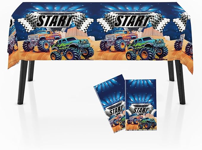 2 Pack Monster Truck Tablecloth for Kids Party 108" x 54", Machine Truck Boys Birthday Table Decor, Rectangle Waterproof Plastic Table Cover for Home, Classroom Party Supplies