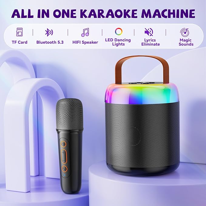 Mini Karaoke Machine for Kids, Portable Bluetooth Speaker with Wireless Microphones, Gift for Girls Toys 4, 5, 6, 7, 8, 10, 12+ Years Old Birthday Family Home Party(Y2-Black-1 Mic)