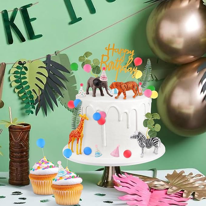 Hooqict 34 Pcs Safari Animal Cake Toppers with Mini Birthday Party Hats Party Animal Birthday Decorations Jungle Cake Decorations for Kids Wild Zoo Theme Party Decorations