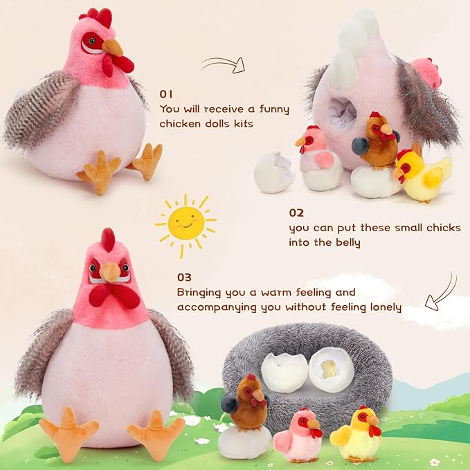 8Pcs Chicken Stuffed Animal, Stuffed Pink Hen with Little Baby Chicks and Coop, Plush Toys for Kids, Hit of Christmas Farm Party