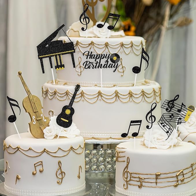 Hooqict 10Pcs Music Cake Decorations Set with Piano, Guitar, Music Notes, Happy Birthday Cake Toppers & Cupcake Toppers for Musician Birthday Party Decorations Supplies