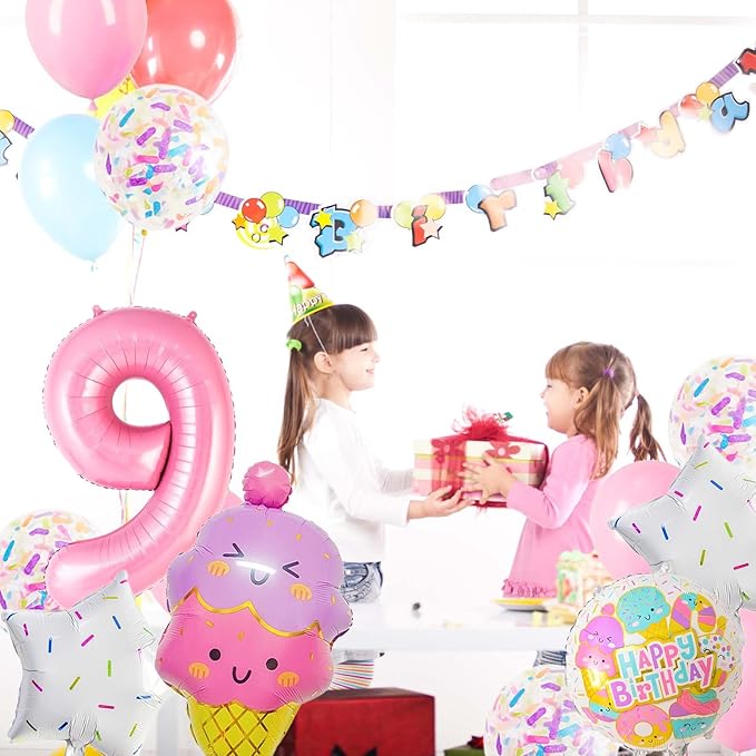 Pink Ice Cream Balloons, Number 9 Balloon, 9th Birthday Decorations for Girls, Ice Cream Balloon for Girls Birthday Party Decoration (9)