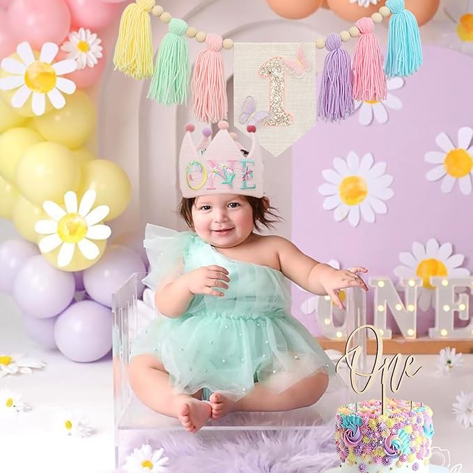 Macaron Butterfly High chair Banner Wood Bead Tassel Garland Crown Hat Wooden Cake Topper Birthday Party Decorations