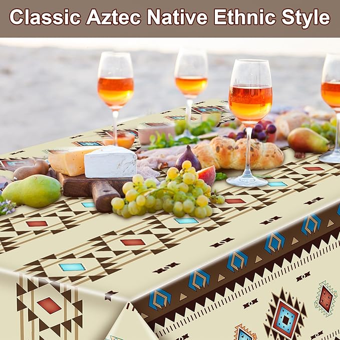 Frienda 3 Pcs Aztec Tablecloths Western Plastic Table Covers Waterproof Tribal Party Decorations Wild West Wooden House Table Cover for Western Barn Birthday Party