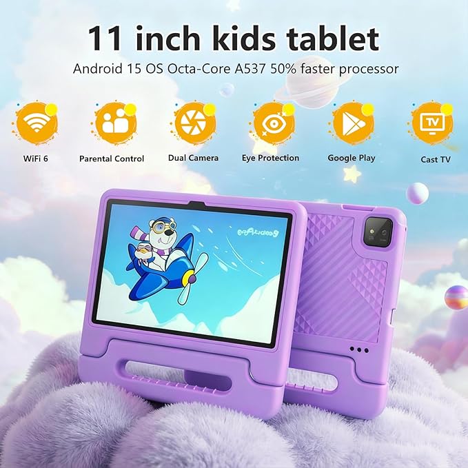 Kids Tablet 11 inch Android 15 20GB + 128GB Octa-Core 8000mAh Todder Tablet with Drop-Proof Case, Parental Control, WiFi 6 and Bluetooth, Purple