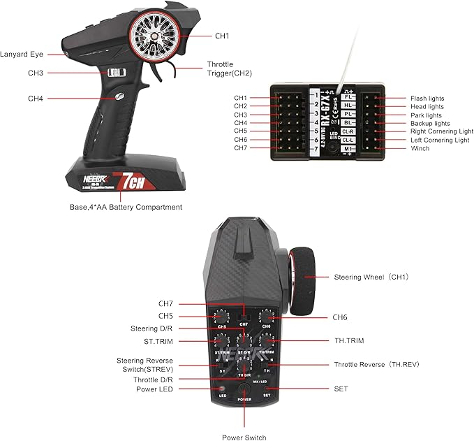 7 Channels RC Transmitter with Receiver Built-in Light Control System and 12LED Light Set, 2.4GHz Radio Remote Controller for RC Car Crawler Truck Racing Buggy Off Road On Road Boat Tank(Red)