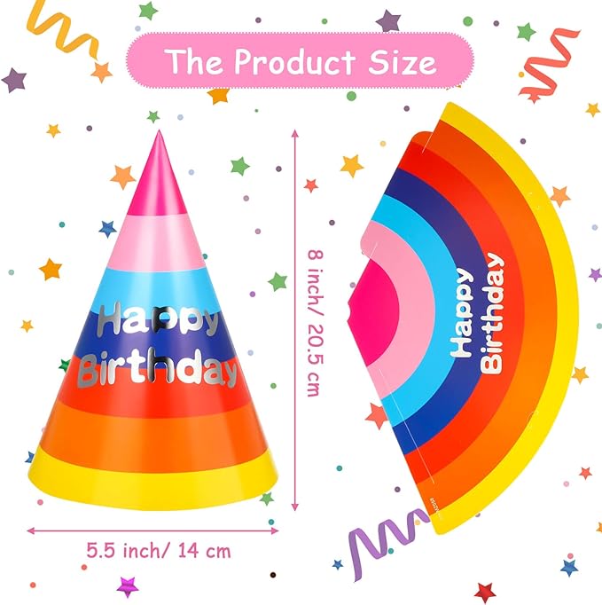 Geyoga 100 Pieces Rainbow Birthday Party Hats for Kids and Adults Colorful Paper Cone Hats Bulk Party Supplies