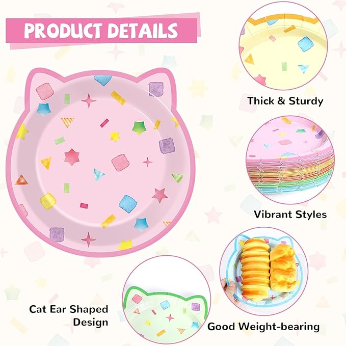 48Pcs Cat House Party Paper Plates Kitten Shaped Disposable Dessert Plates Cat Birthday Party Decoration Cute House Tableware Kitten Themed Parties Favor for Kids Birthdays Baby Showers Supplies