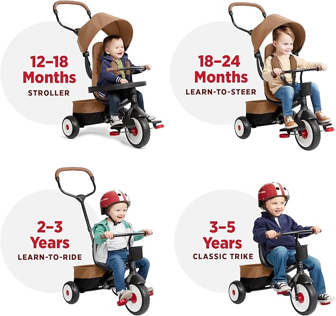 Radio Flyer City 4-in-1 Stroll 'N Trike, Mocha, for Riders 1-5 Years Old, 4 Riding Modes, 3 Point Harness with Comfort Pad, Parent Controlled Steering, Rear Storage, Stroller Tricycle for Toddlers