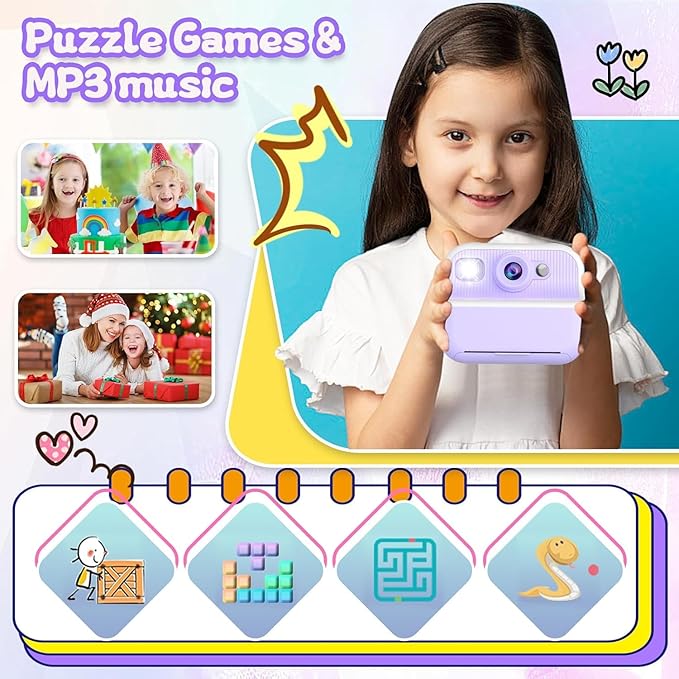 Kids Camera Instant Print, Toys for 3-12 Year Old Girls Christmas Birthday Gifts, 48MP Kids Selfie Digital Camera, 1080P HD Children Video Recorder, 2.4" Toddler Camera with Print Paper