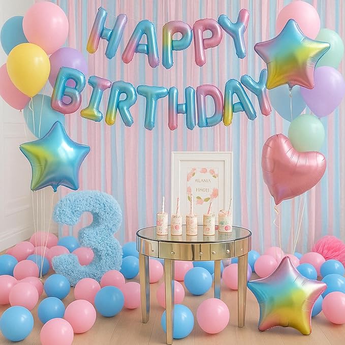 29PC Gradient Happy Birthday Balloon Banner, 16 Inch 3D Letter Banner Sign, Light Blue Pink Green Purple Red Yellow Balloons 18 Inch Star Heart Foil Balloons for Women, Men Party Supply