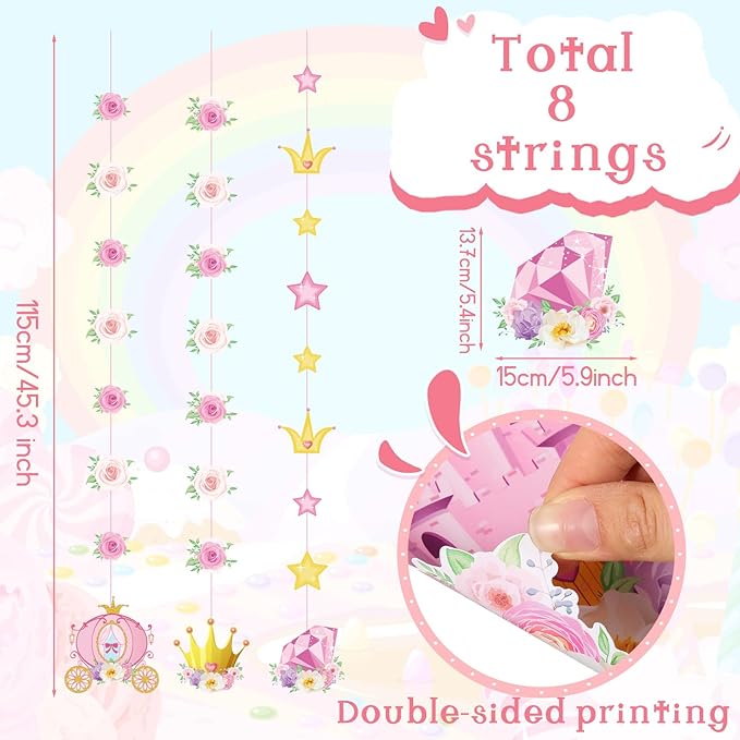 8 Pieces Floral Princess Party Decorations Princess Theme Garland Banners Pink Gold Castle Crown Carriage Paper Cutouts for Birthday Baby Shower Favors Classroom Supplies