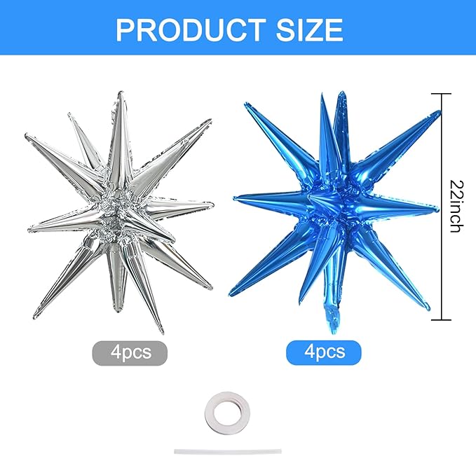 TONIFUL 8 Pcs Blue Silver Foil Balloons Large Star Balloons Explosion Star Mylar Balloons for Party Backdrop Christmas New Year Birthday Wedding Baby Shower Anniversary Photo Booth Supplies