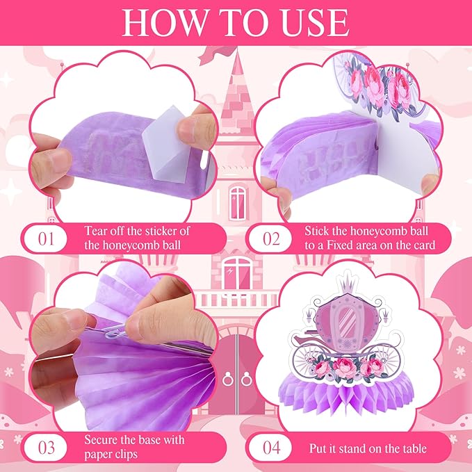 9 Pcs Princess Carriage Party Honeycomb Centerpieces 3D Cardboard Floral Princess Table Centerpieces Carriage Birthday Party Decorations Table Topper for Girls Birthday Baby Shower Party Supplies