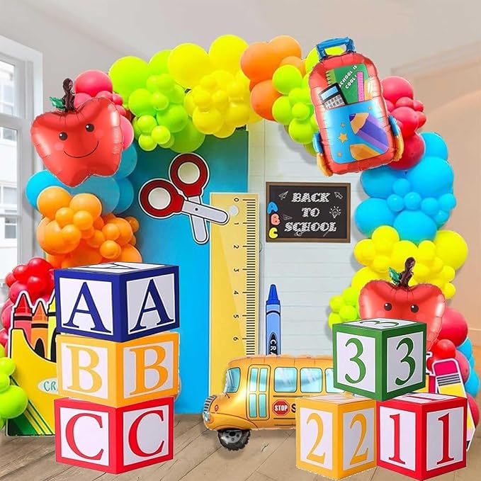 6 Pcs Cartoon Friend Street Party Decoration ABC and 123 Alphabet Balloon Box Back to School Decoration Cartoon Story Decor for School Graduation Birthday Party Supplies