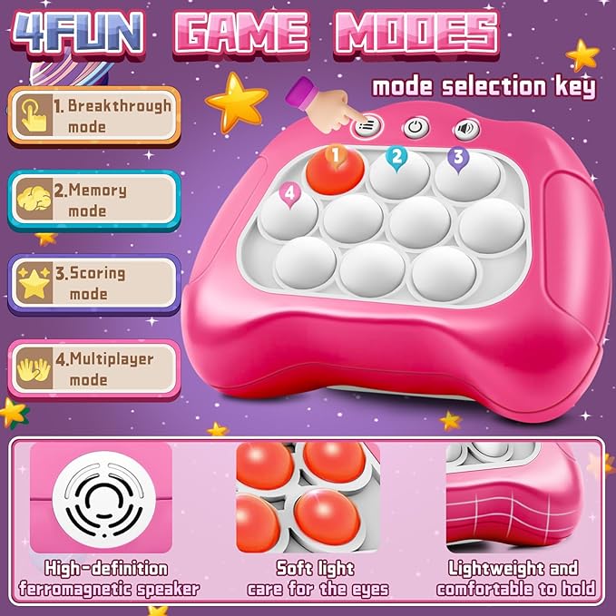 Quick Push Game，Pop Game Fidget Toys, Fast Push Bubble Game, Handheld Puzzle Game Sensory Toys ，Light Up Push Pop Game for Kids 3-12 Girls and Boys Teens Adults Decompression (Pink)