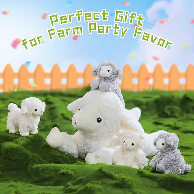5Pcs Lamb Stuffed Animal Set, Mommy Lamb Plush 20 Inch with 4 Baby Lambs in Her Zippered Tummy, Stuffed Sheep Plushie Toy for Girls Boys and Kids