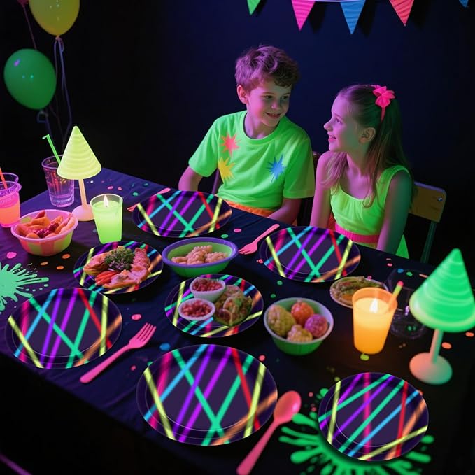 Neon Paper Plates - Glow in the Dark Party Supplies Include 7'' 9'' Printed with Light Beam Plates for Let's Glow Party Decorations, Serves 20