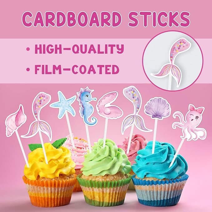 WERNNSAI 32PCS Mermaid Cupcake Toppers - Glitter Mermaid Birthday Decorations Under the Sea Cake Toppers Birthday Party Cake Decorations for Girls Kids Baby Shower