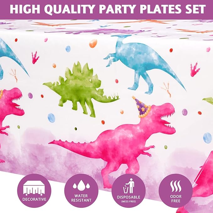 WERNNSAI Girl Dinosaur Party Decorations - 33 PCS Dino Plates Napkins Tablecloth Pink Dinosaur Birthday Decorations Three Rex Table Decorations for Kids Girls Birthday Baby Shower Serves 16 Guests