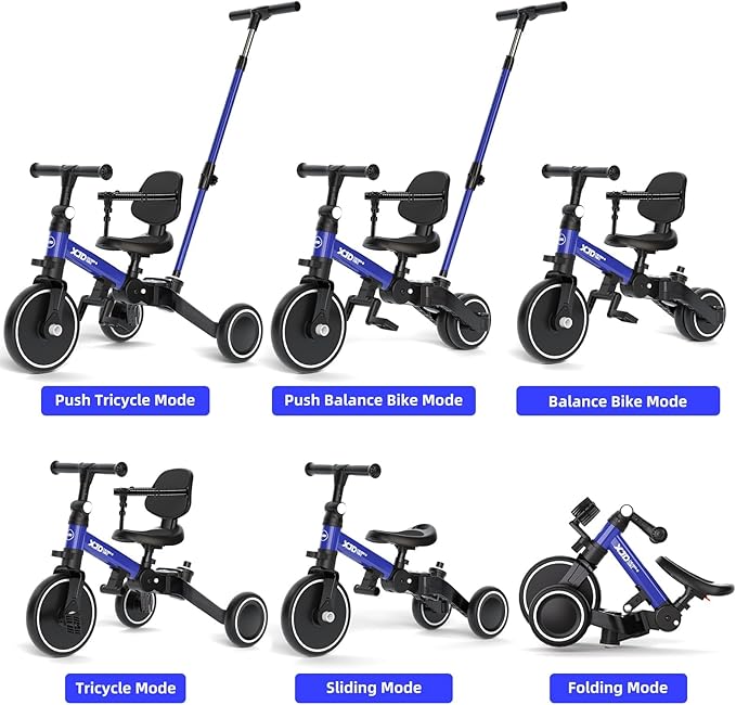 XJD Toddler Bike, 6 in 1 Folding Toddler Tricycle for 1-4 Year Old with Parental Control Handle, Balance Bike with Removable Pedal, Backrest, Adjustable Seat Height, First Birthday Gifts (Blue)