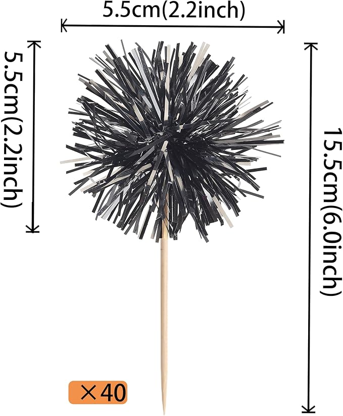 40 PCS Black Foil Firework Cupcake Toppers Sparkle Tinsel Cupcakae Picks Sparkler Fireworks Party Decorations Cocktail Fruit Toothpick for Birthday Wedding Graduation Party Decorations Supplies
