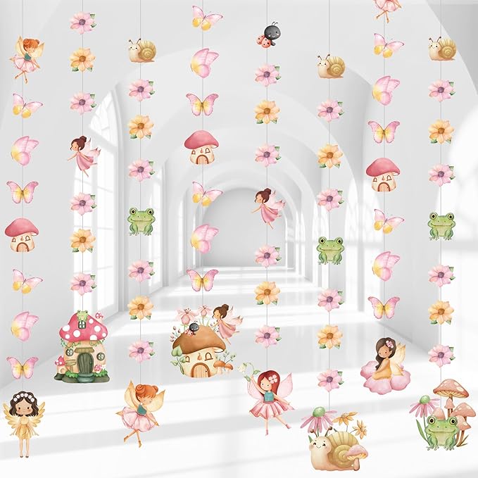 8 Pcs Fairy Party Decorations Fairy First Birthday Hanging Garlands Banner Butterfly Mushroom Flower Paper Cutouts Streamer for Wall Ceiling Decor Wonderland Garden Tale Floral Party Supplies