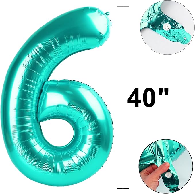 40 Inch Teal Blue Balloon Number 6 Balloons,6 Foil Mylar Helium Large Digital Blue Green Balloon Birthday Numbers Jumbo Balloons 16th or 61st Anniversary Party Decorations Supplies