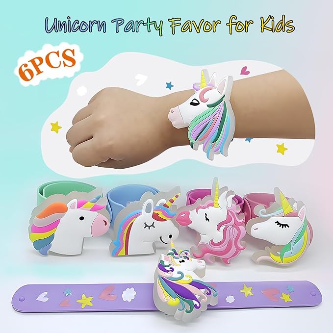 Light Up Slap Bracelets for Kids 6 Pack Party Favors for Girls Birthday, LED Unicorn Wristbands Bracelets for Goodie Bag Fillers & Party Supplies