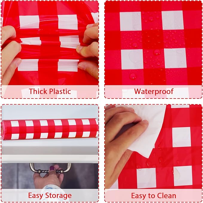 Red and White Checkered Tablecloth Roll 52 in x 100 Ft Red Checkered Picnic Party Supplies Camping Party Tablecloth for Indoor Outdoor Events Family Banquet Parties and Celebrations（Plastic ）
