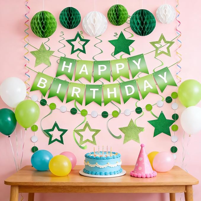 Birthday Banner Decorations with Honeycomb Balls, Stars, Circle Dots Garland Swirl Streamer Happy Birthday Party Decorations Supplies for Party(Green)