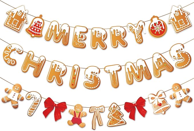 PAPER JAZZ Gingerbread Christmas Decoration Merry Christmas Banner,3 Pcs Gingerbread Christmas Garland,Xmas Backdrop Cute Hanging Decor for Wall, Tree, Door, Yard, Home, Office, Indoor Outdoor.