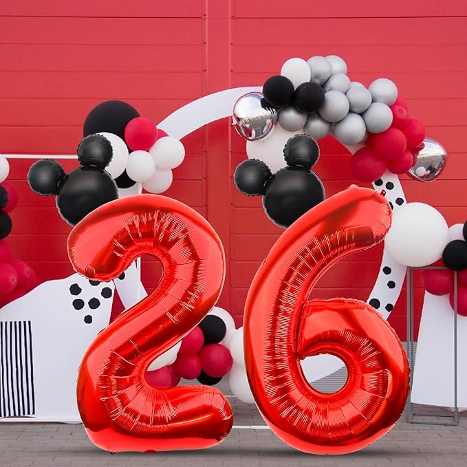 Mouse Number 6 Balloon 40 Inch Red Number 6 Balloon Mini Mouse Head Balloon for 6th Birthday Party, Black Red Large Number 6 Foil Balloon for Baby Shower Anniversary Supplies Decorations