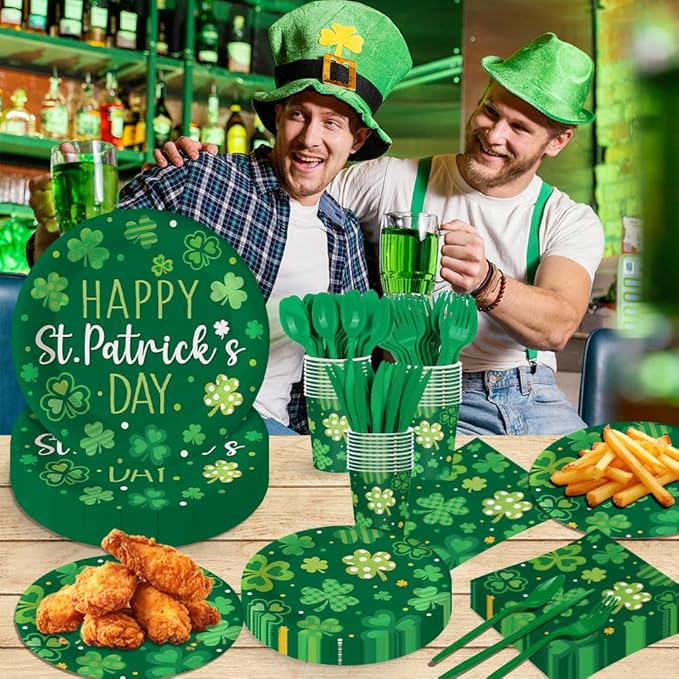 140Pcs Happy St. Patrick's Day Party Supplies Clover Plates and Napkins St. Patrick's Day Party Decorations Green Paper Plates Irish Festival Dinner Plates, Serve for 20 Guest