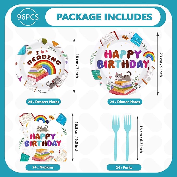 96Pcs Book Theme Birthday Party Supplies I Love Reading Plates and Napkins Library Reading Themed Tableware Set for Club Back to School Book-Themed Birthday Party Supplies，Serves 24
