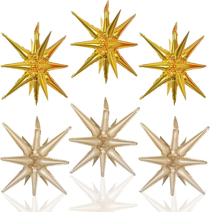 6 Pcs Foil Balloons Gold and Caramel Colour One-Piece 14-Pointed Star Balloon 4D Starburst Cone Mylar Balloon 22inch Christmas Birthday Wedding Party Supplies (Gold + Caramel Colour)