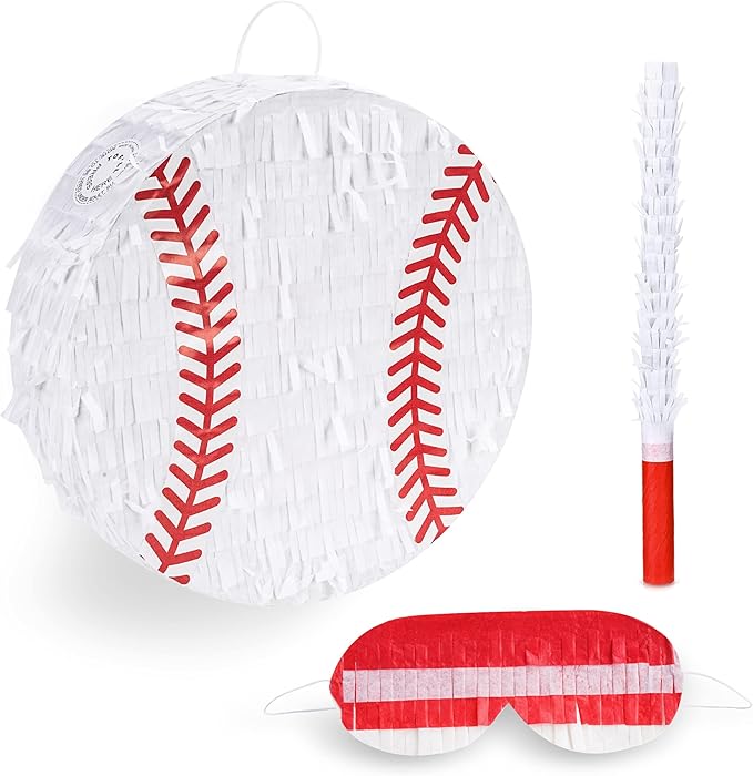 Baseball Pinata Bundle with a Blindfold and Bat (13"x13"x4"), Baseball Pinata for Boys, Perfect for Birthday Party, Sport Theme Party, Decoration