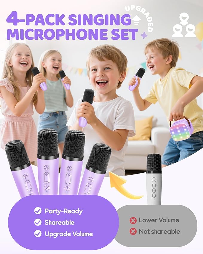 Upgraded Mini Karaoke Machine with 4 Wireless Microphones Toy for Kids, Birthday Gifts for Girls Boys, Portable MP3 Player for Ages 3, 4, 5, 6, 7, 8, 9, 10, 11, 12+ Year Old Party (Purple)
