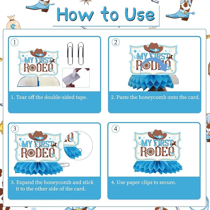Gameza My First Rodeo Decorations Boy - 8PCS Cowboy Party Decoration 1st Happy Birthday Decor Honeycomb Centerpieces Western Rodeo Themed Party Supplies Photo Table Centerpiece Supplies for Baby Boys