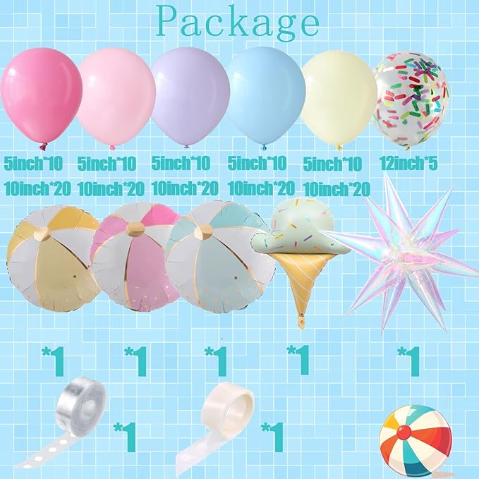PageebO Pool Party Decorations,159Pcs Rainbow Beach Balls Ice Cream Confetti Balloon for Outdoor Pool Beach Summer Splish Party Supplies Tropical Hawaii Swimming Birthday Baby Shower Decorations
